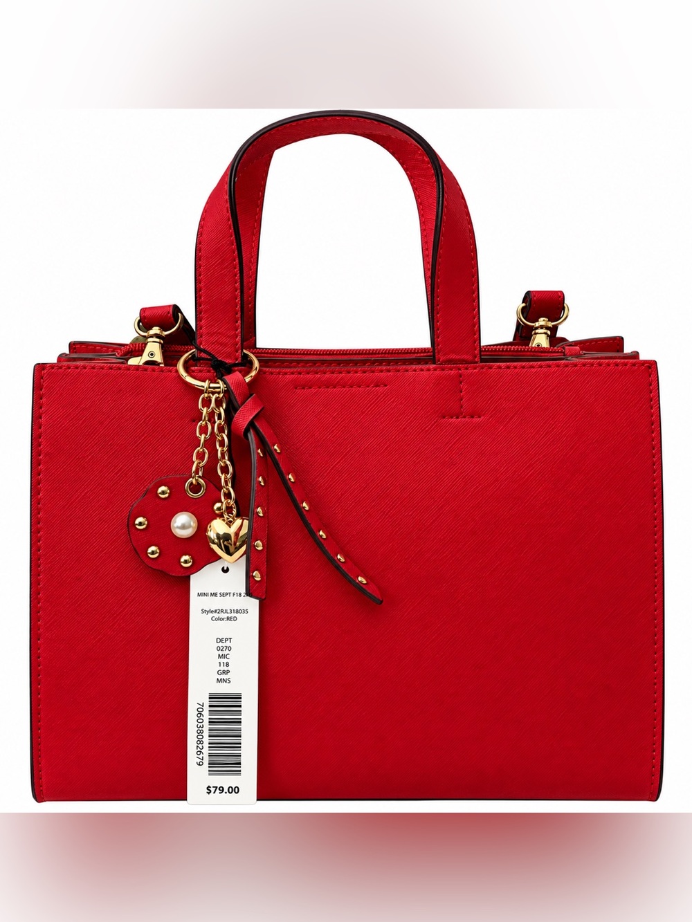 NWT Kate Landry Red Satchel Handbag Purse Gold Hardware Heart Pearl Charm
